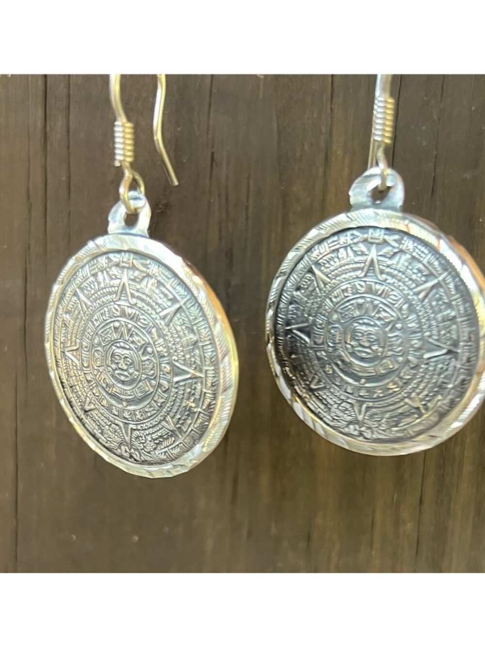 Handcrafted Sterling Silver 950 Aztec Calendar Dangle Earrings